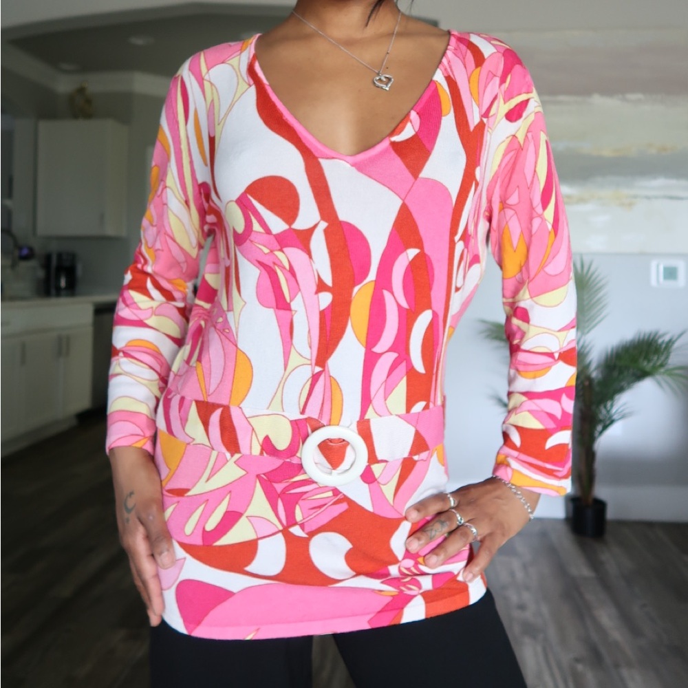 Cyrus Pink & Red Abstract V-Neck Long Sleeve Tunic